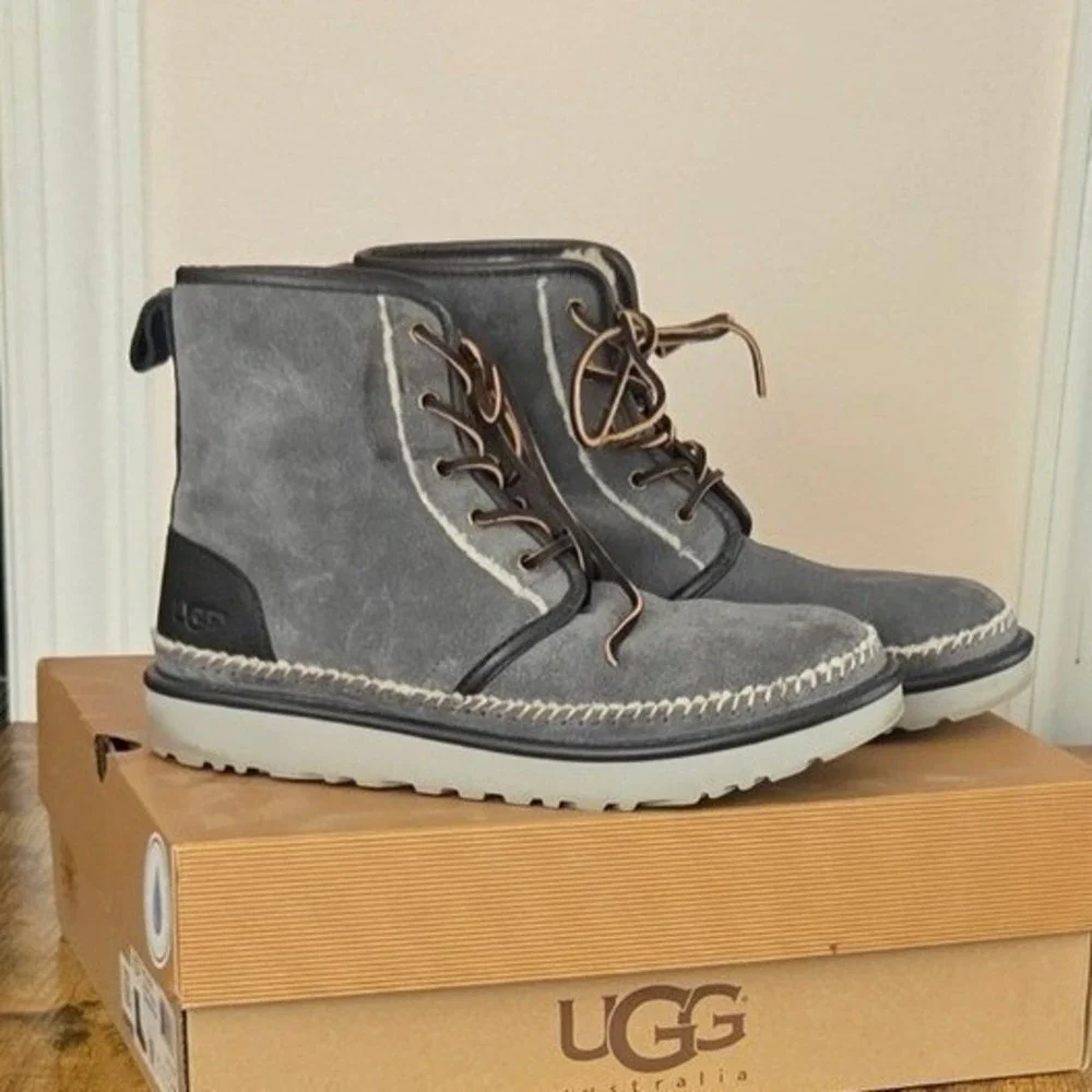 UGG Australia Mens Harkley Stitch Lace Suede Boots Charcoal Grey 1008558 Size 10
